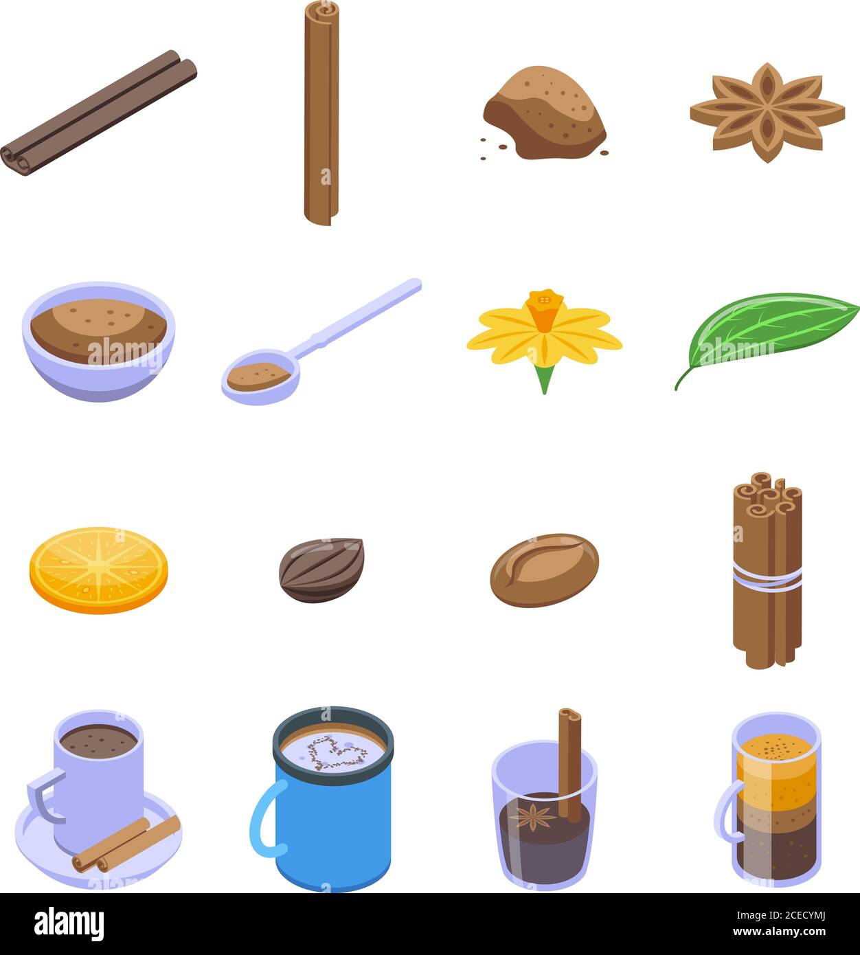 Cinnamon icons set, isometric style Stock Vector