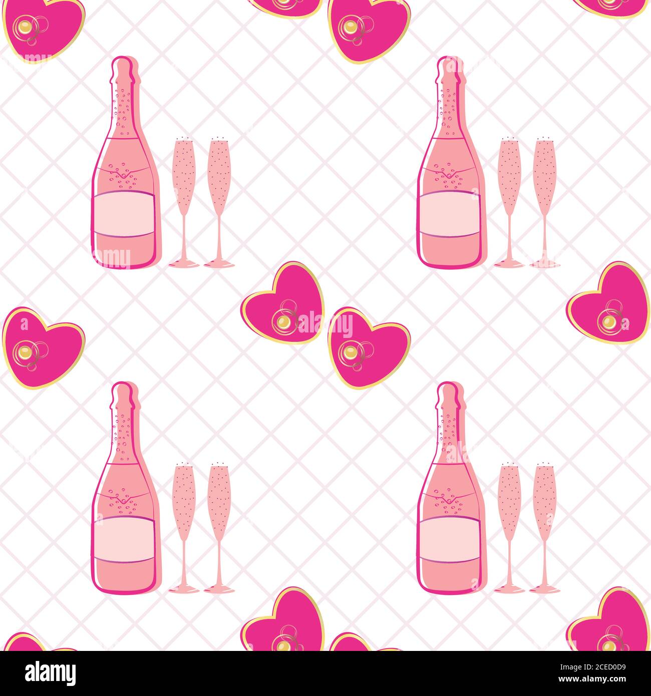 Champagne and hearts seamless vector pattern background. Pink bottles