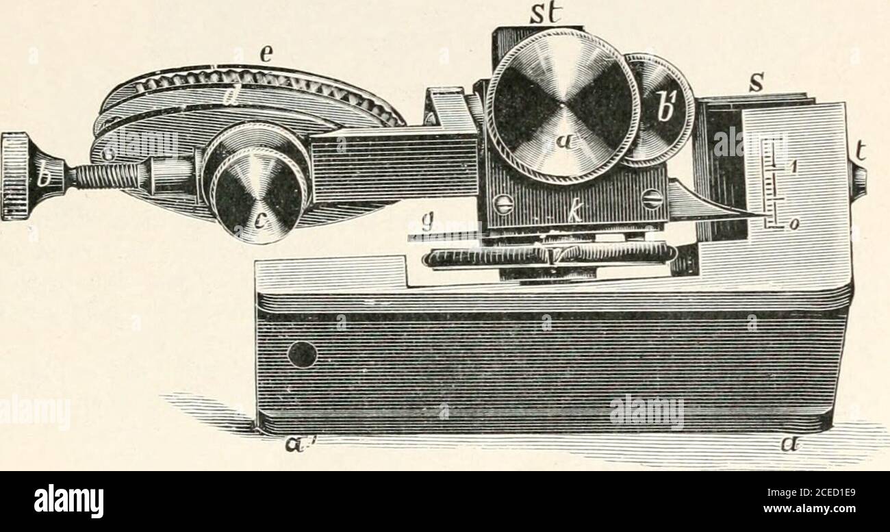 . The microscope and its revelations. ntally by means of the small screw w,and is fastened by means of the milled head, m. By the pinion n itmay be displaced over 90°, and as great an inclination can be takenin a plane perpendicular to this by the supporting metal frames bymeans of the pinion p. In this way every desired inclination of theobject to the knife can be readily secured. Fig. 393 presents the same object-holder, but instead of thecylinder a simple pair of jaws with the screw /// to secure objects ofevery A-ariety. A. cylinder-holder as in fig. 393 can be placed inthese jaAvs from wh Stock Photo