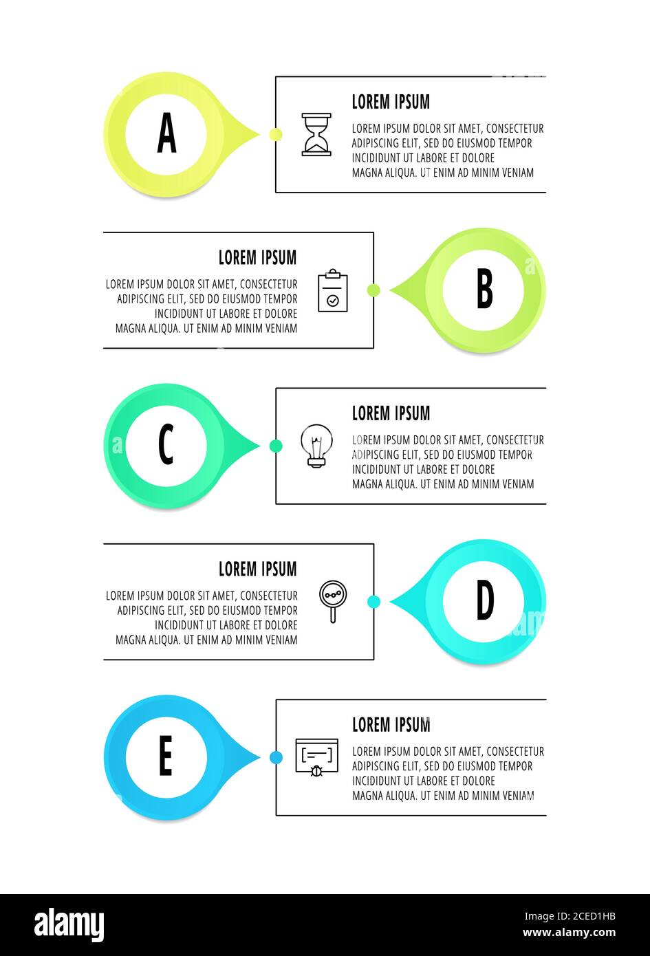Vector infographic circles with 5 steps, arrows. Line template used for ...