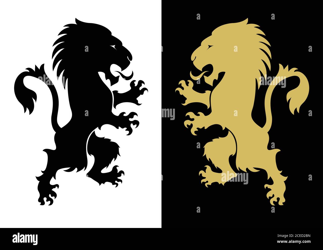 Two heraldic rampant lion silhouettes. Coat of arms. Heraldry logo design element. A lion rampant standing from a coat of arms or heraldic crest. Gold Stock Vector