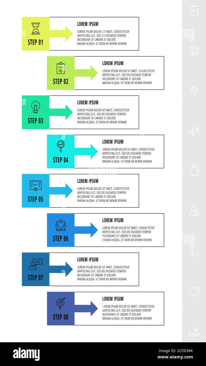 Vector infographic design with 8 rectangles with arrows. Flat template used for diagram, web, banner, workflow layout, presentations, flowchart Stock Vector