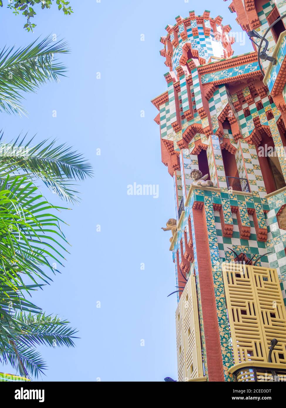 BARCELONA, SPAIN-AUGUST 1, 2020: Detail facade of Casa Vicens, designed by Antoni Gaudi Stock Photo
