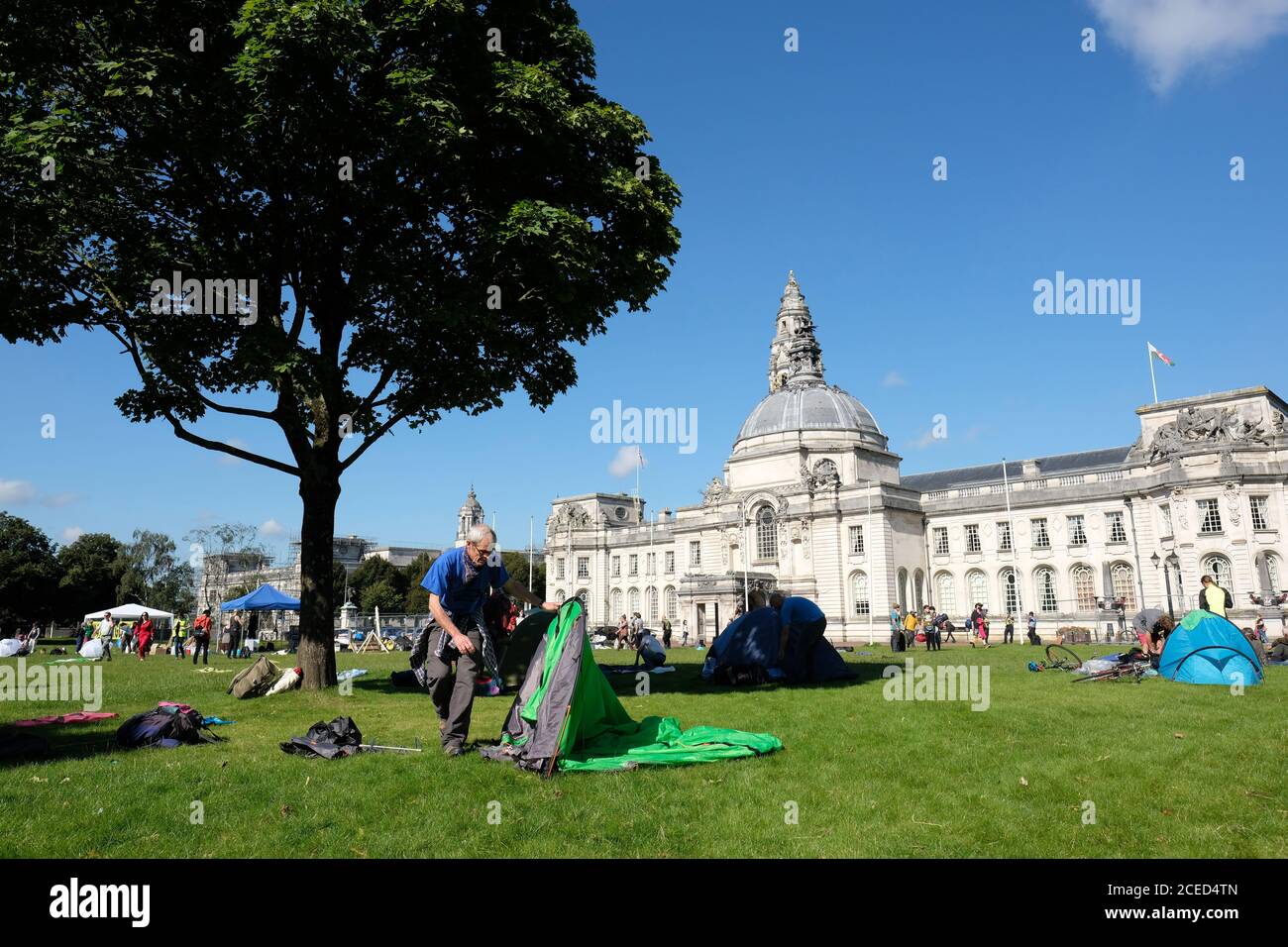 Cardiff, Wales, UK - Tuesday 1st September 2020 - Extinction Rebellion ( XR ) protesters begin setting up camp outside Cardiff City Hall in preparation for a week of action protesting against climate change and the future of society. Photo Steven May / Alamy Live News Stock Photo