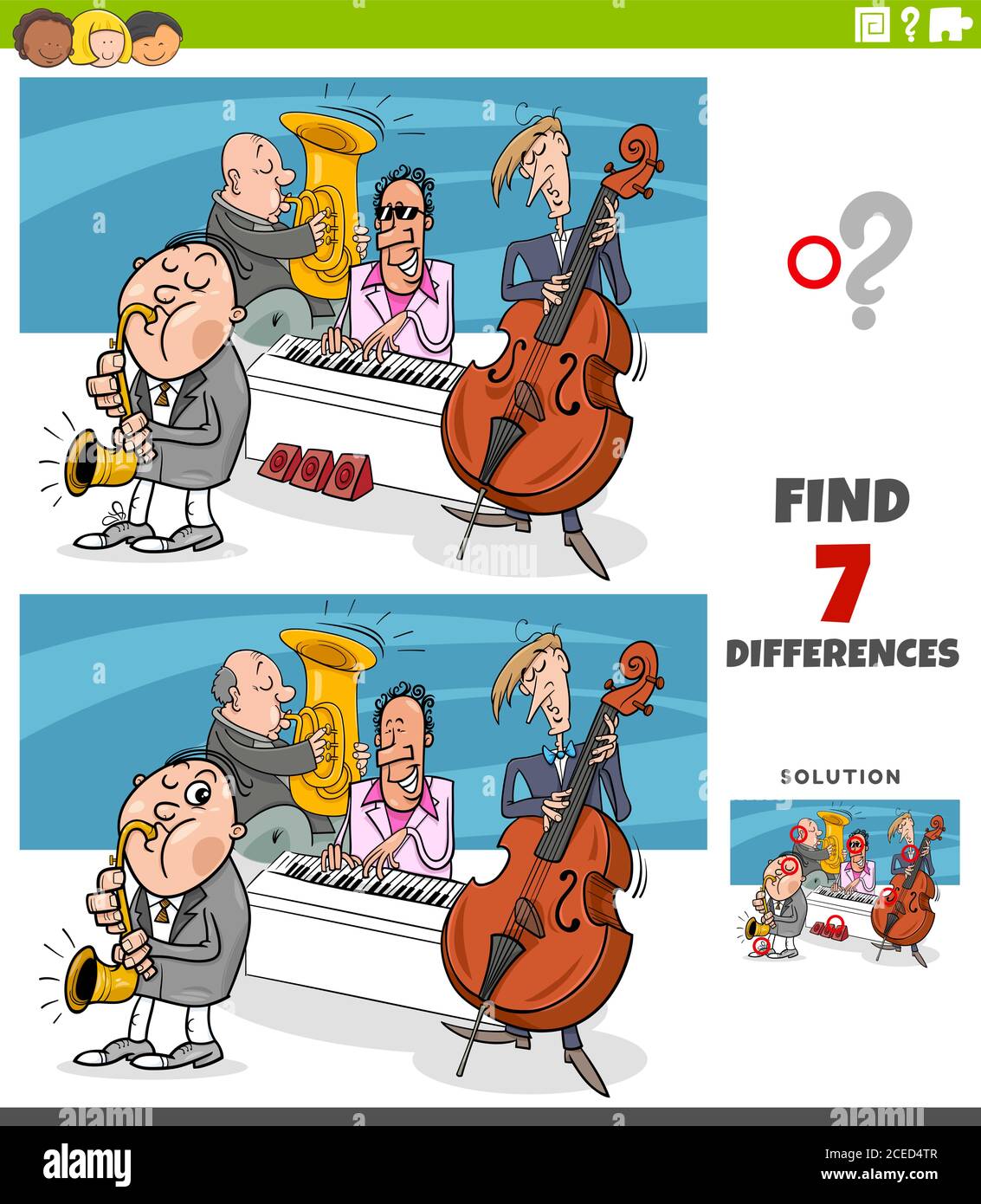 Cartoon Illustration of Finding Differences Between Pictures Educational Game for Children with Comic Jazz Band Musicians Characters Stock Vector