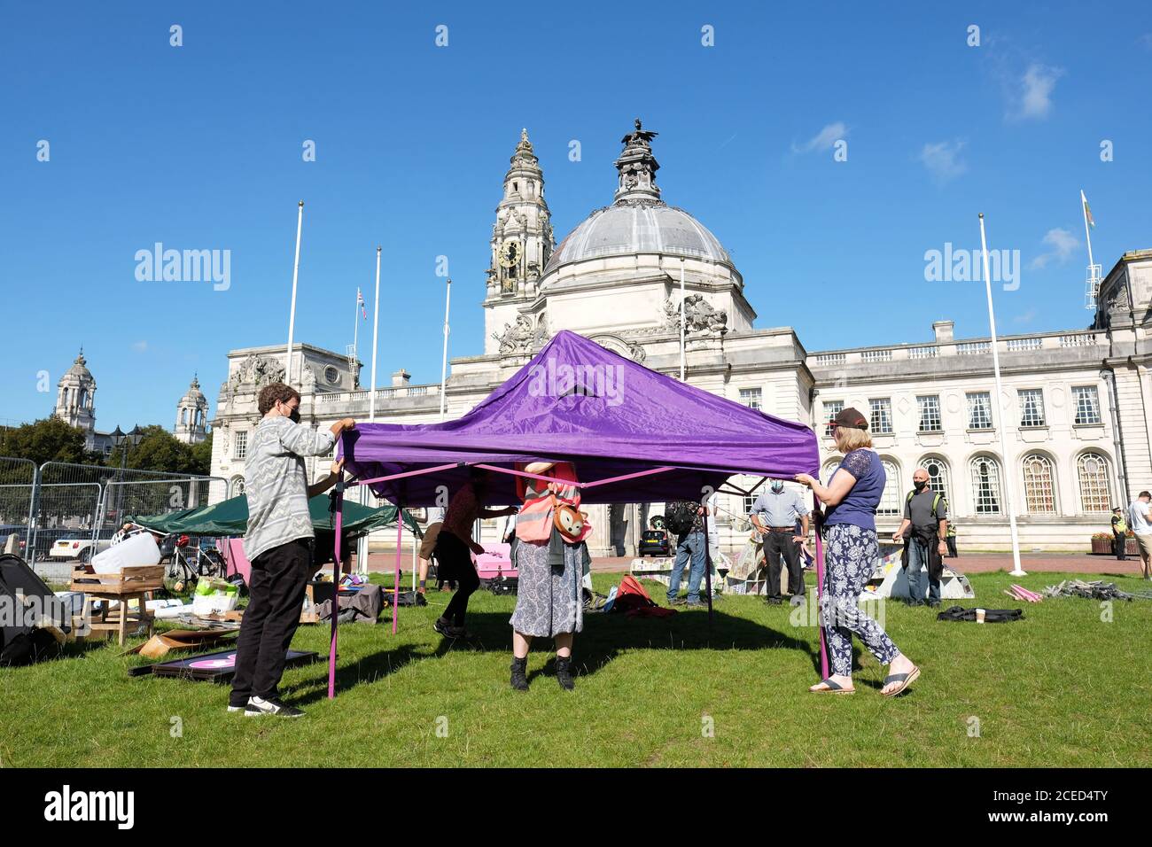 Cardiff, Wales, UK - Tuesday 1st September 2020 - Extinction Rebellion ( XR ) protesters begin setting up camp outside Cardiff City Hall in preparation for a week of action protesting against climate change and the future of society. Photo Steven May / Alamy Live News Stock Photo