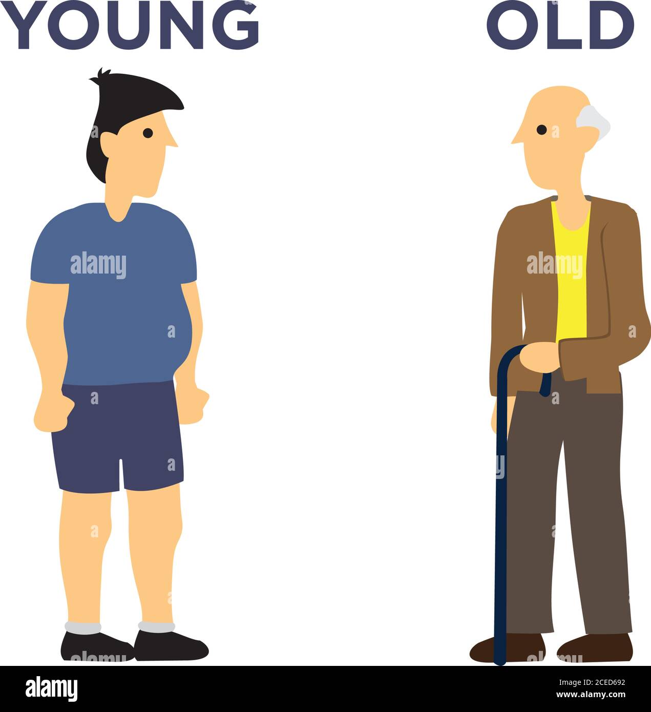 Male in two different age. Concept of aging. Flat cartoon isolated illustration. Stock Vector