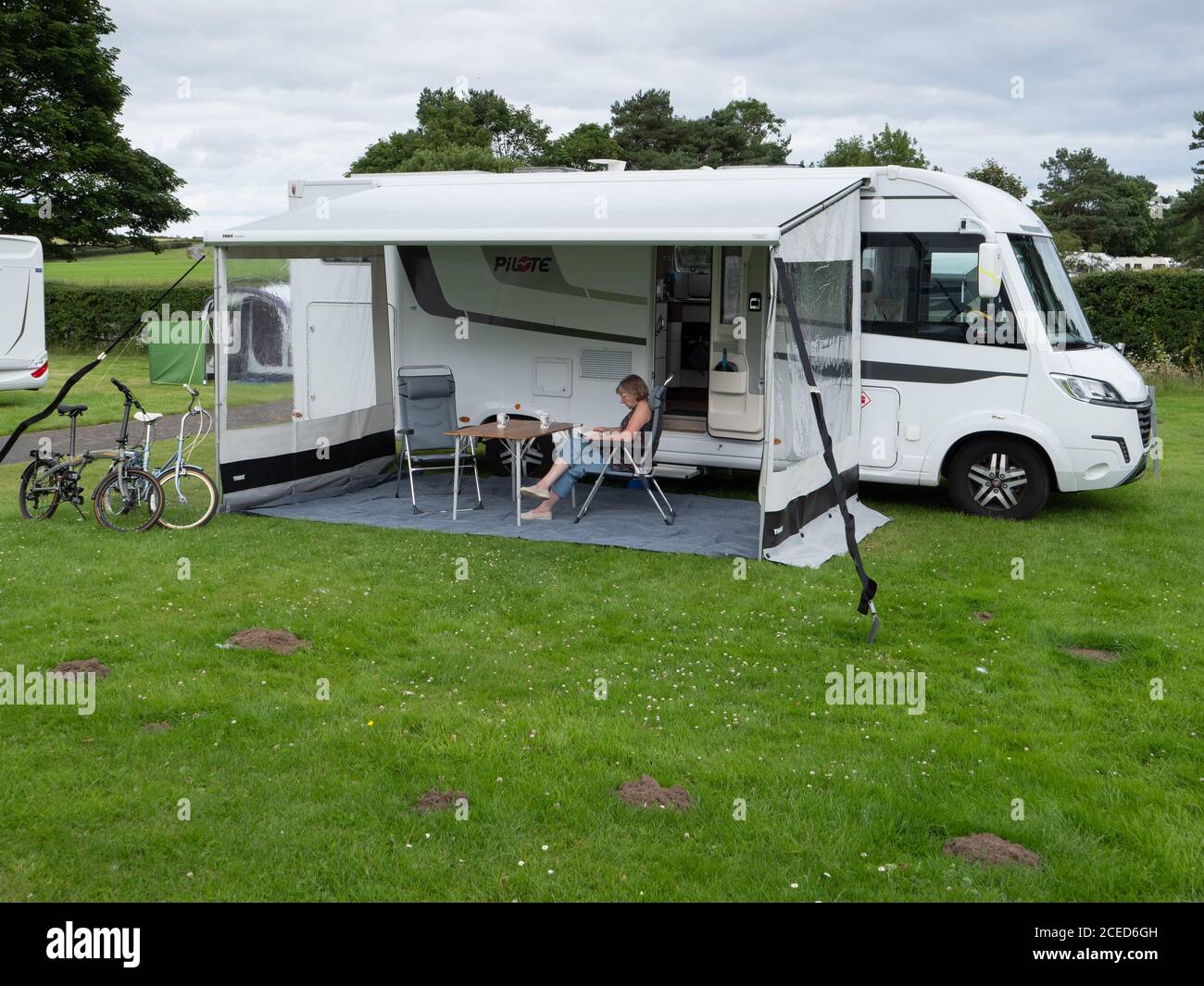 Pilote Motorhome on a dull day parked up on a campsite in Scarborough, Yorkshire, UK Stock Photo