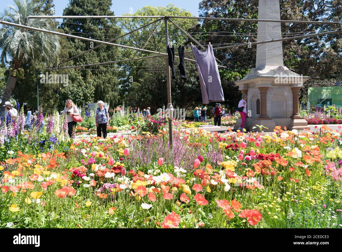 Visitors enjoying the novelty garden display of poppies and clothesline in Queens Park, Toowoomba, during the Carnival of Flowers Stock Photo