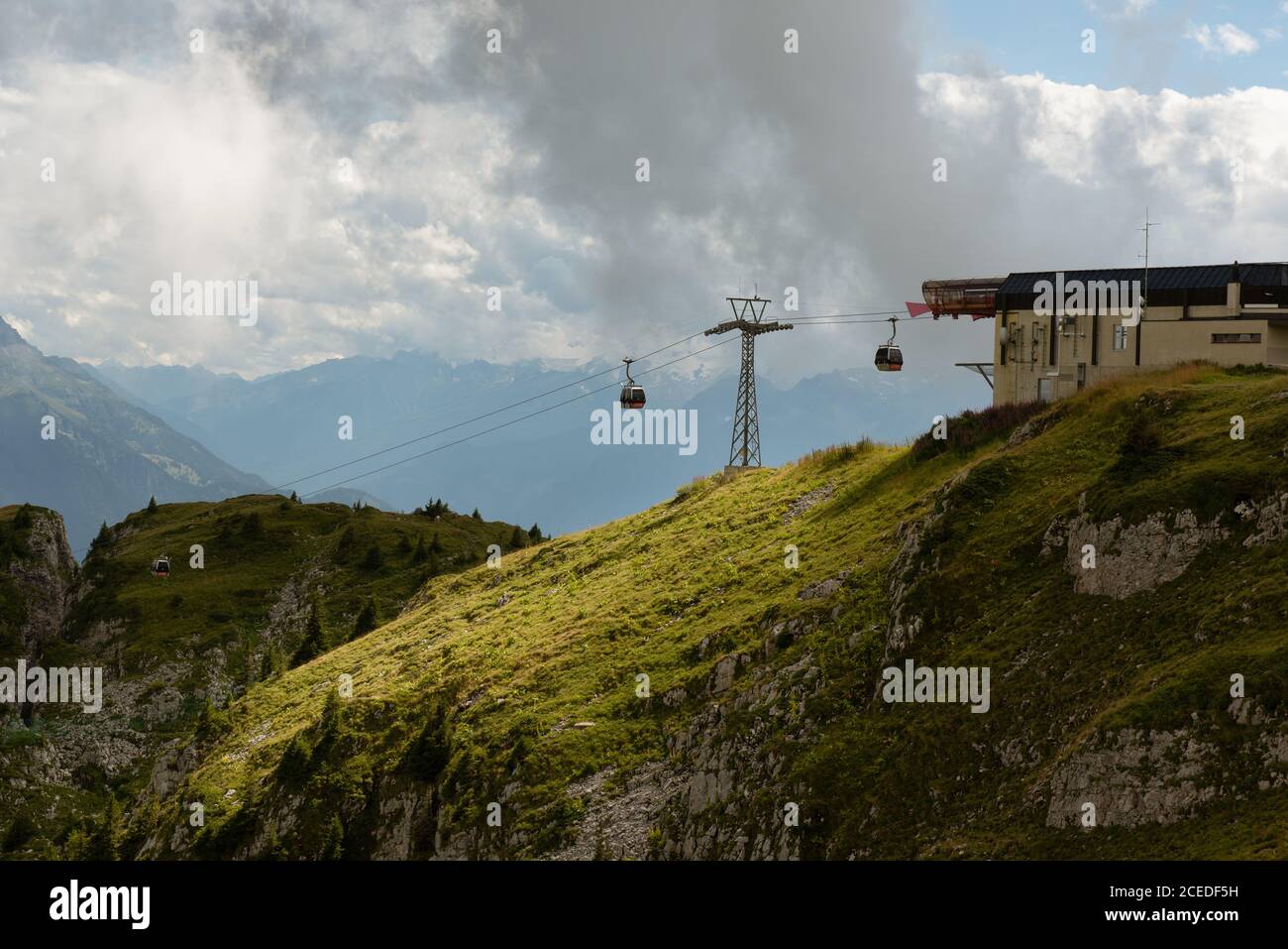 Gondola lift station on the top of Berneuse, Laysin, Switzerland Stock Photo