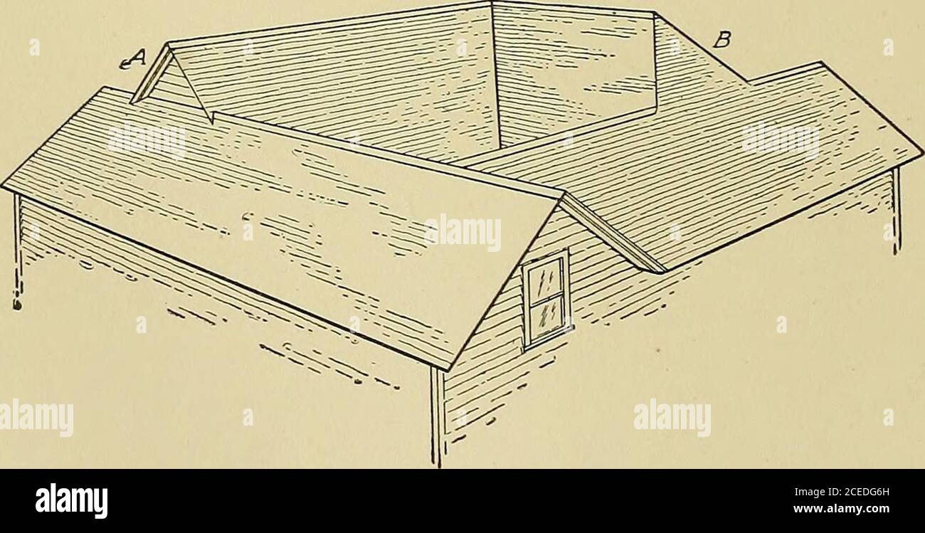 . Cyclopedia of architecture, carpentry, and building; a general reference work ... Fig. 168. Valley Roof the secondary roof rises above the ridge of the main roof, the endwhich projects above the main ridge is usually finished with a smallgable a, or a small hip h, as shown in Fig. 169. This arrangementdoes not make a pleasing appearance, however, and should beavoided if possible. Almost all roofs are hip and valley roofs, as itis very seldom that a building of any considerable size can be cov-ered with a simple roof of any of the forms described above. There. Fig. 169. Hip and Valley Roof Sh Stock Photo
