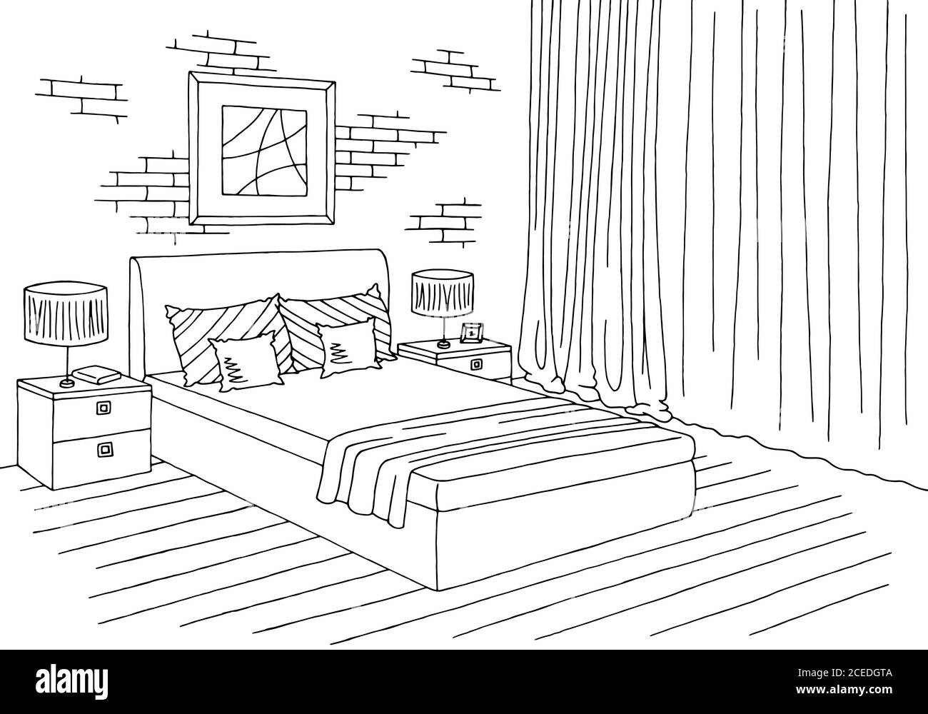 Bedroom graphic black white interior sketch illustration vector Stock Vector