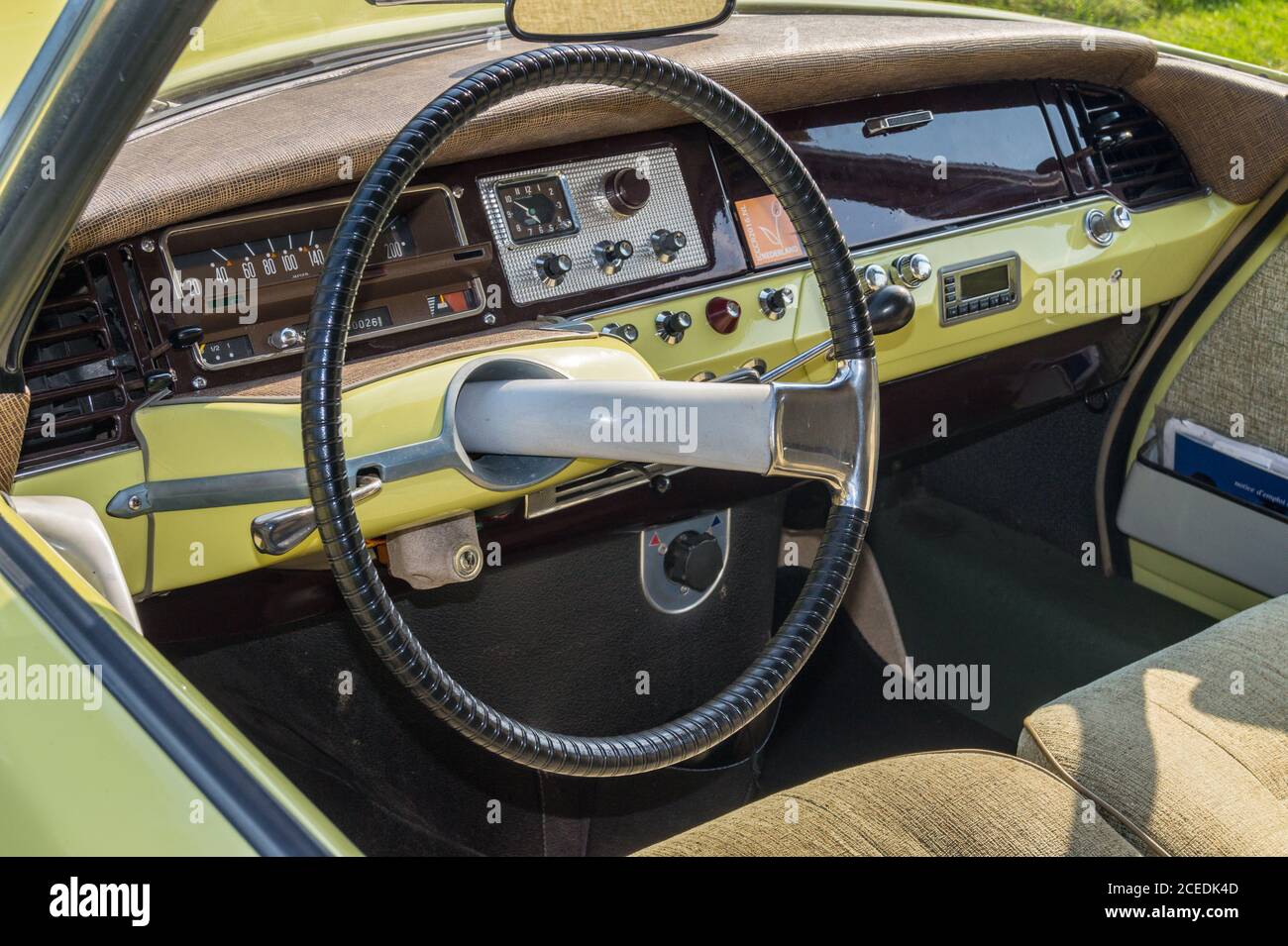 View of dashboard and steering wheel of a 1968 model Citroen ID, Newby Hall, Yorkshire, England Stock Photo