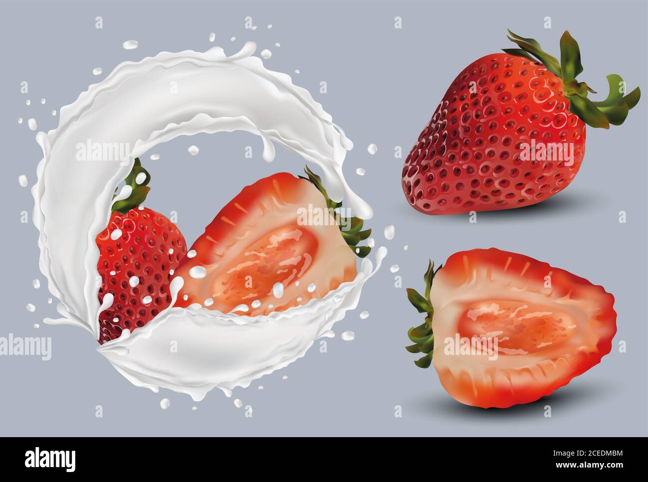 Realistic Strawberry On Grey Background Whole Strawberries And Slice With Strawberries In Milk Splashes And Drops Illustration For Your Poster Banner Natural Product 3d Vector Illustration Stock Vector Image Art