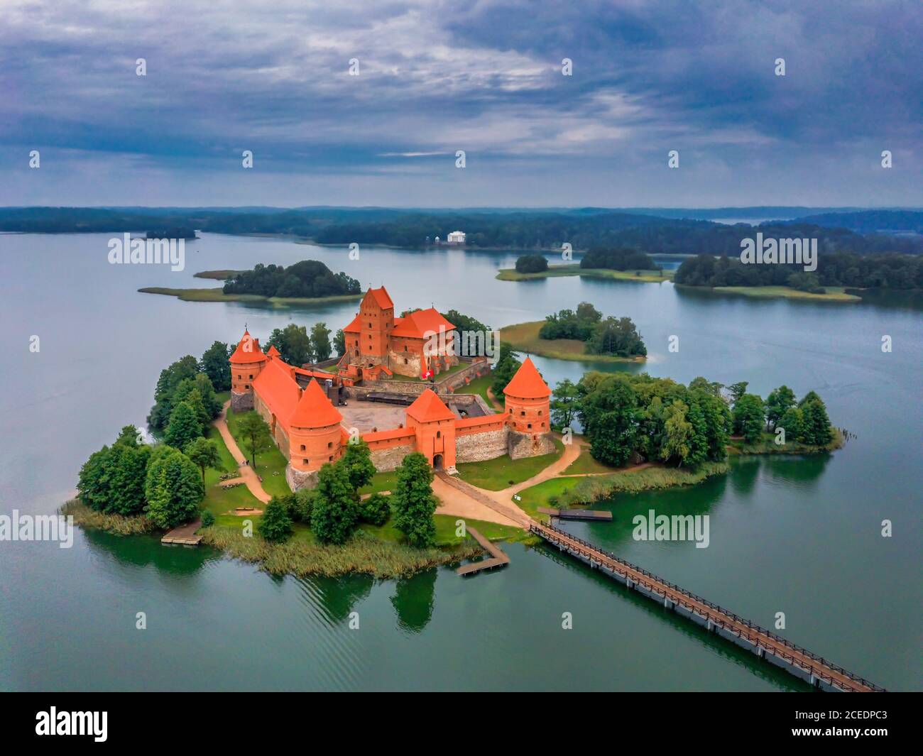 Trakai Island Castle in Lake Galve, Lithuania. Drone View Stock Photo