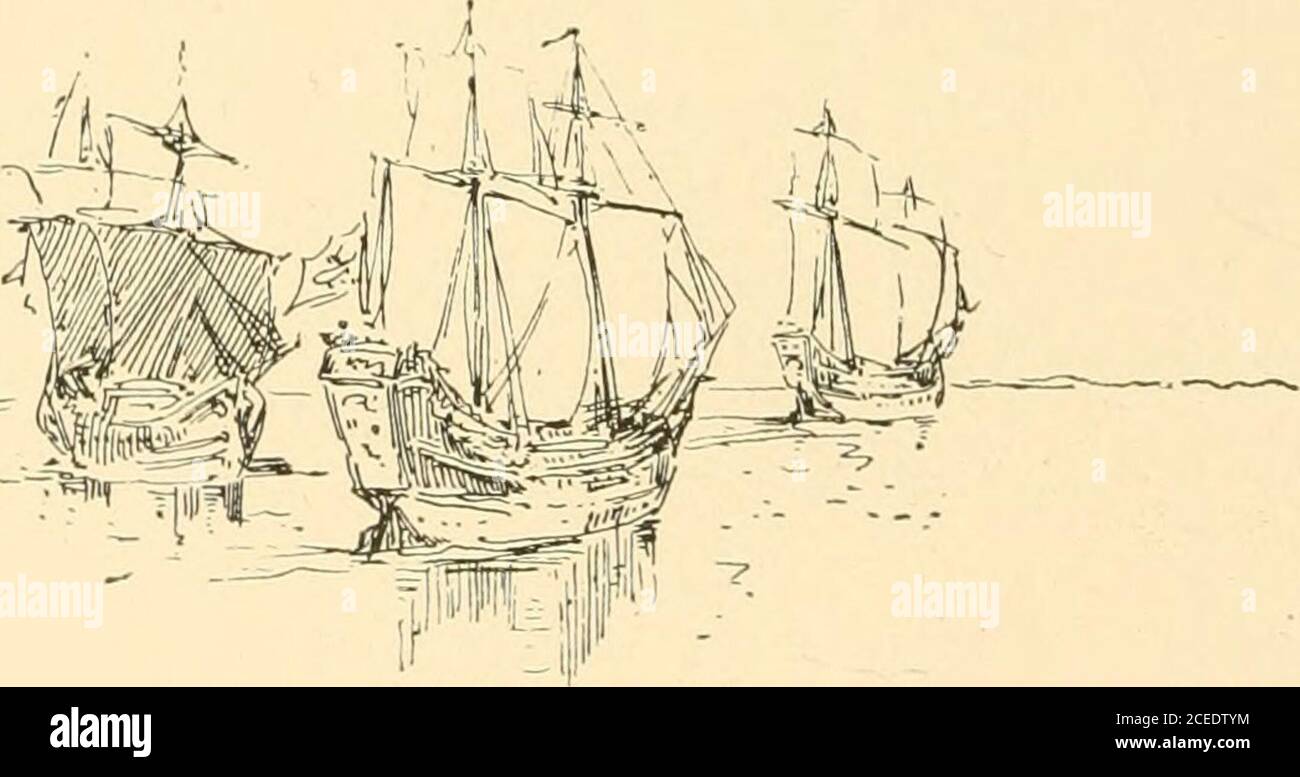 . An archer with Columbus;. sly, I come to inform you that three armedPortuguese caravels, under the commandof Don Juan Vascona, are cruising in thevicinity of the island of Ferro with the in-tention of attacking you. THE SAILING OF THE FLEET. 127 How dost thou know this? asked Co-lumbus. I saw them when I left Ferro in thatcaravel, whose captain I promised one hun-dred ducats if he would bring me to you,replied Felix. He shall be paid at once, said Colum-bus. Thy information is valuable. Andwhen I am at leisure I wish to learn howthou camest here, so far from Spain. He then gave orders for th Stock Photo