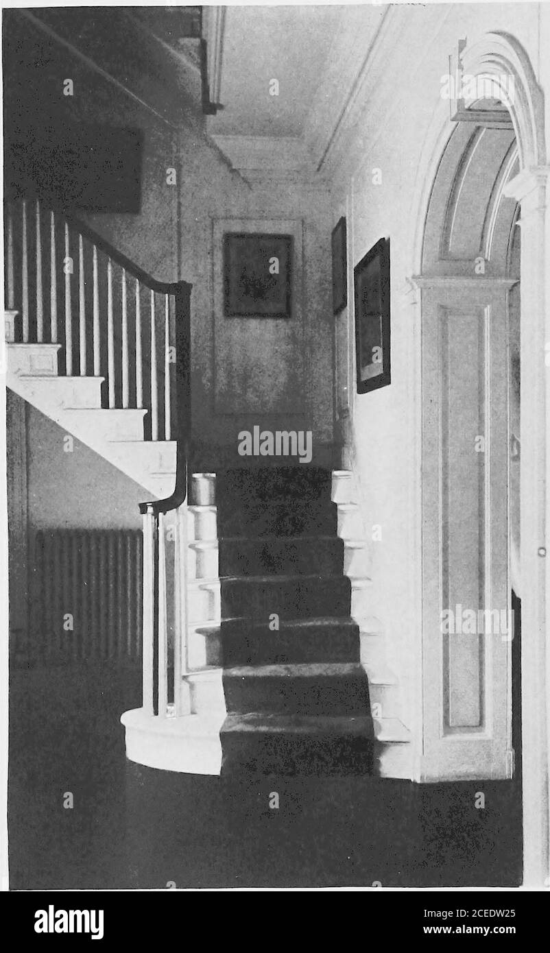 . Colonial mansions of Maryland and Delaware. MAIN STAIRWAY, BELAIR BELAIR Robert Carter, of Nominy Hall, Virginia. Hermaternal uncle was that Thomas Bladen who wasGovernor of Maryland from 1742 to 1747 and of whosedaughter Lord Chesterfield wrote as follows in a letterto his son: Our friend, Harriet Bladen, with a fortuneof 20,000 Pounds, is to be married to the Earl of Essex. Benjamin Ogle, son of Samuel Ogle, becameGovernor of Maryland in 1809, and his son of the samename was the last Ogle to live at Belair. Belair was the country home of Samuel Ogle andhis Bladen bride. The town house in w Stock Photo