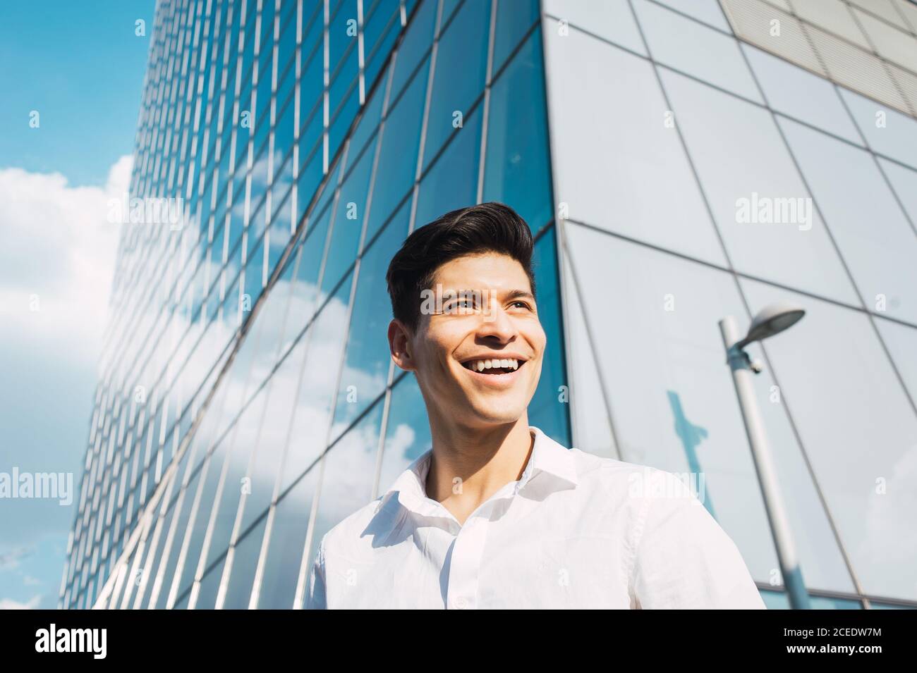 From below of cheerful young man in white shirt laughing on background of shiny highrise Stock Photo