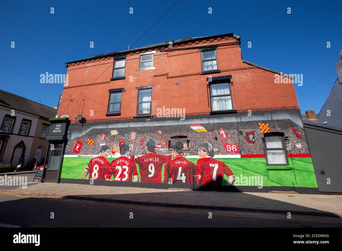 A new Liverpool FC mural on the wall of the Arc Hotel on Anfield Road