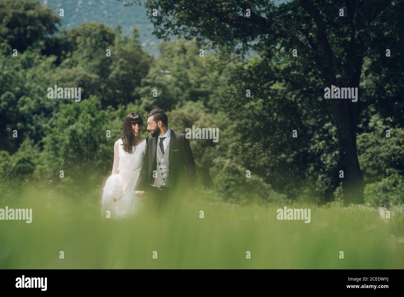 Young just married couple walking in grove Stock Photo