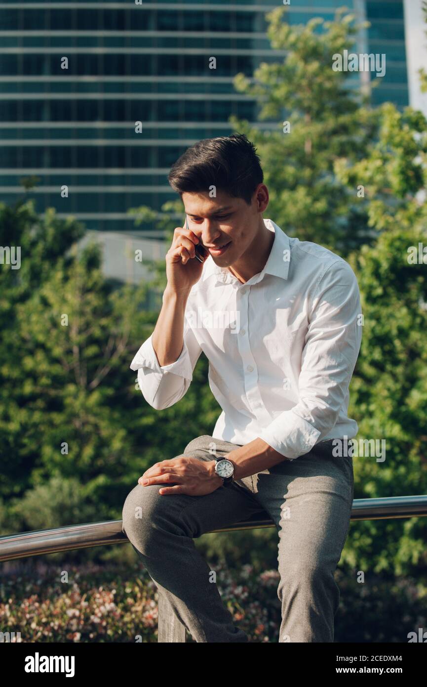 Young man talking phone on railing Stock Photo