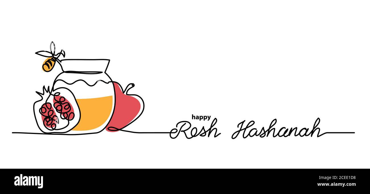 Rosh hashanah simple vector background with honey, apple, pomegranate and bee. One continuous line drawing with lettering happy Rosh hashanah Stock Vector