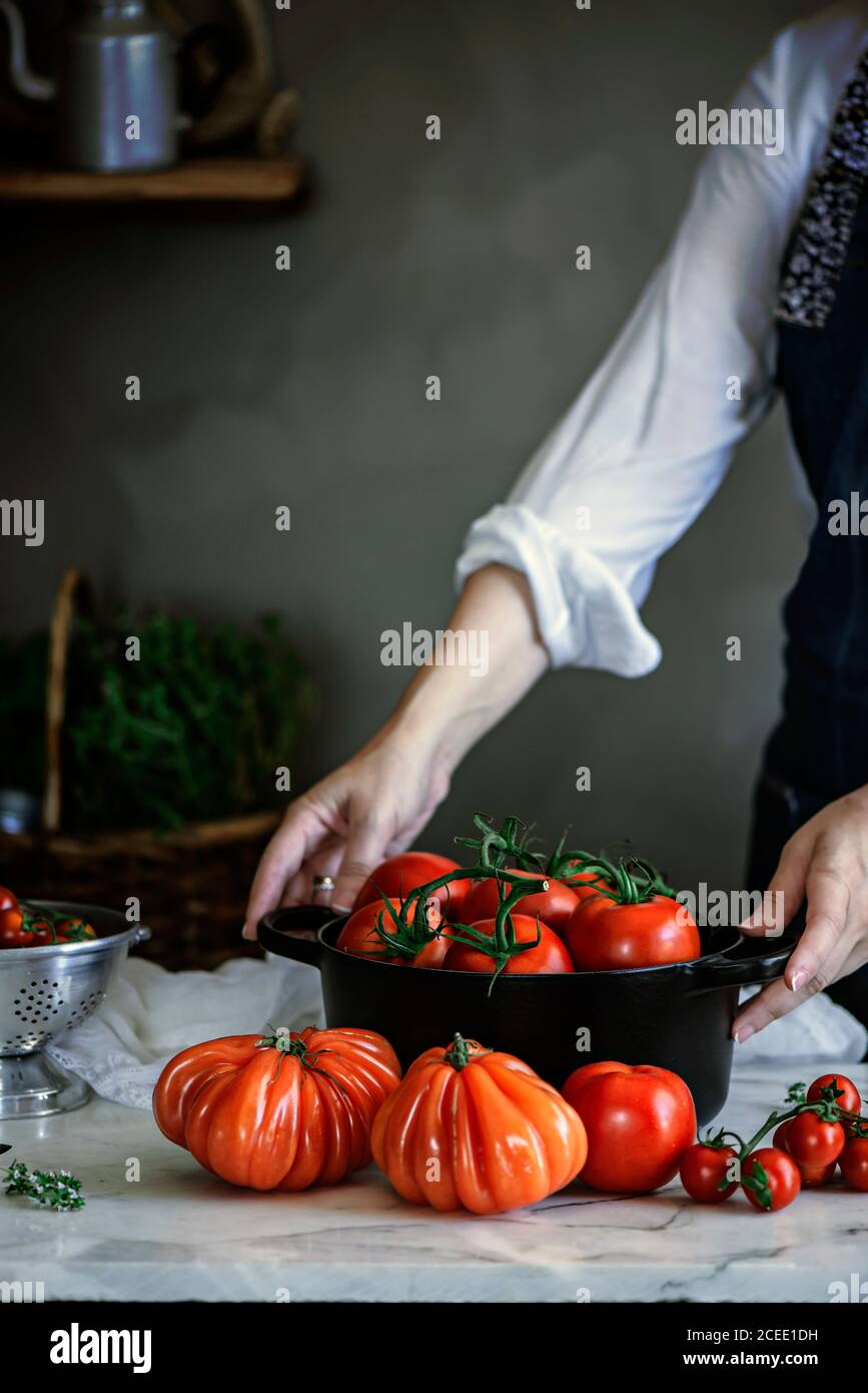 Crop lady holding pot with red fresh tomatoes on table Stock Photo