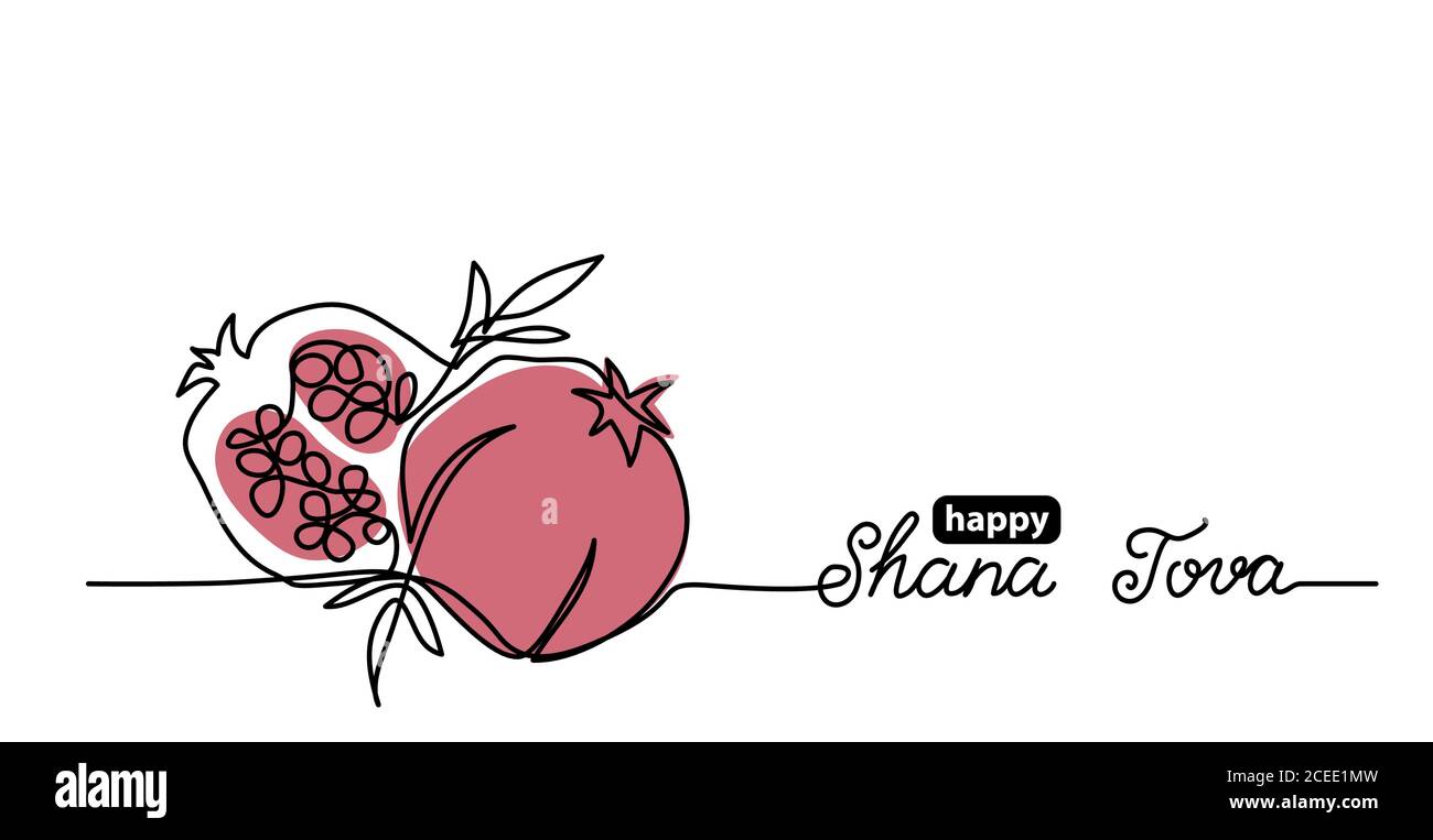 Shana tova simple vector background with pomegranate. One continuous line drawing with lettering happy Shana tova Stock Vector