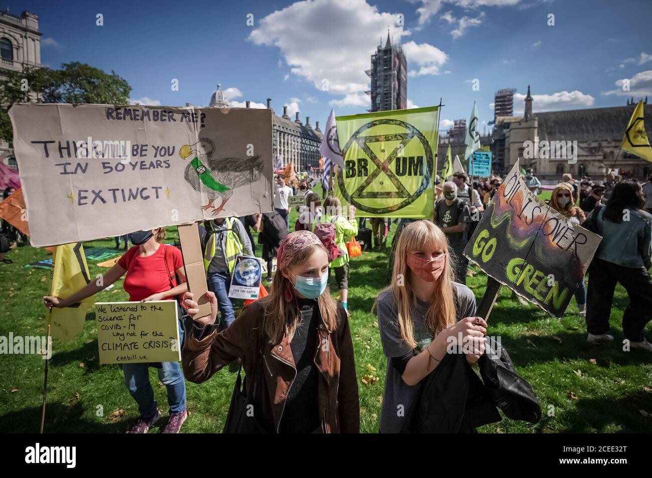 London, UK. 1st September 2020. Extinction Rebellion begin ten days week of climate change action. Marching to Parliament Square, the Extinction Rebellion (XR) activists continue their direct protest action of raising awareness of on-going climate breakdown. Credit: Guy Corbishley/Alamy Live News Stock Photo