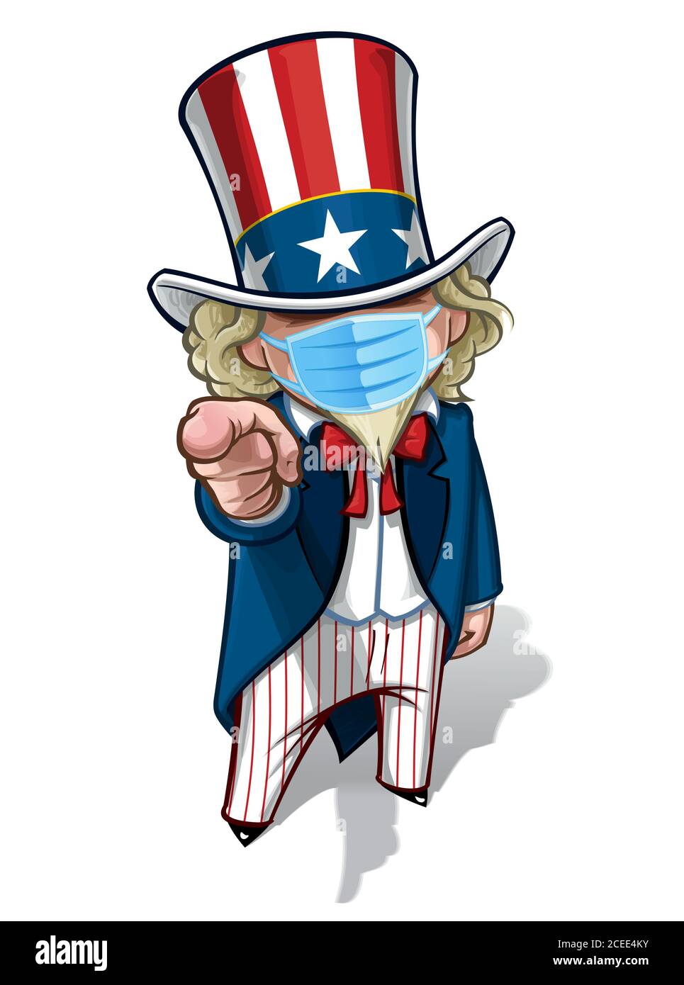 Vector illustrations of a cartoon Uncle Sam, pointing ‘I Want You’, wearing a surgical mask. All elements neatly in well defined layers n groups. Stock Vector