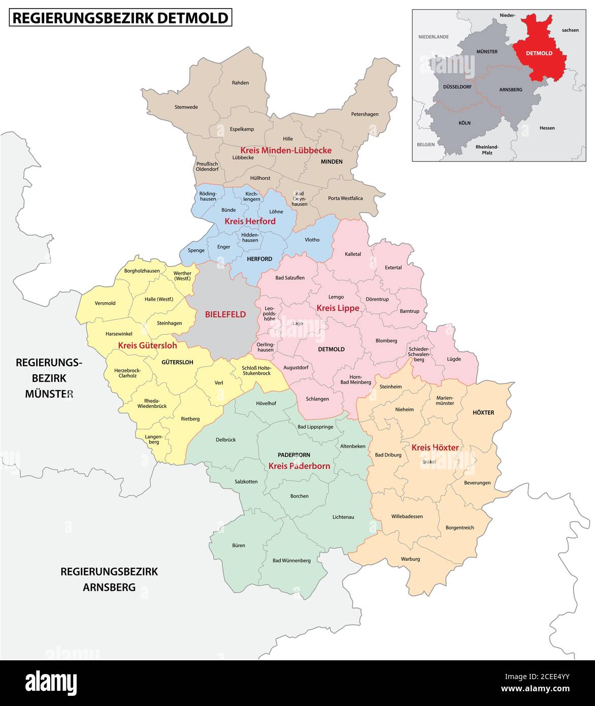 administrative vector map of the Detmold region in German language, North Rhine-Westphalia, Germany Stock Vector