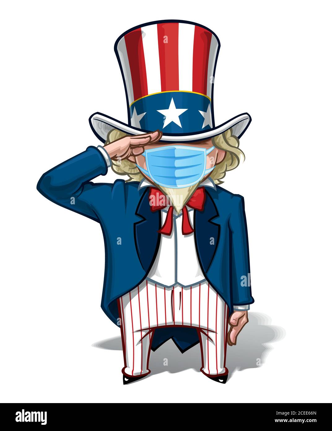 Vector illustrations of a cartoon Uncle Sam, Saluting, wearing a surgical mask. All elements neatly in well defined layers n groups. Stock Vector