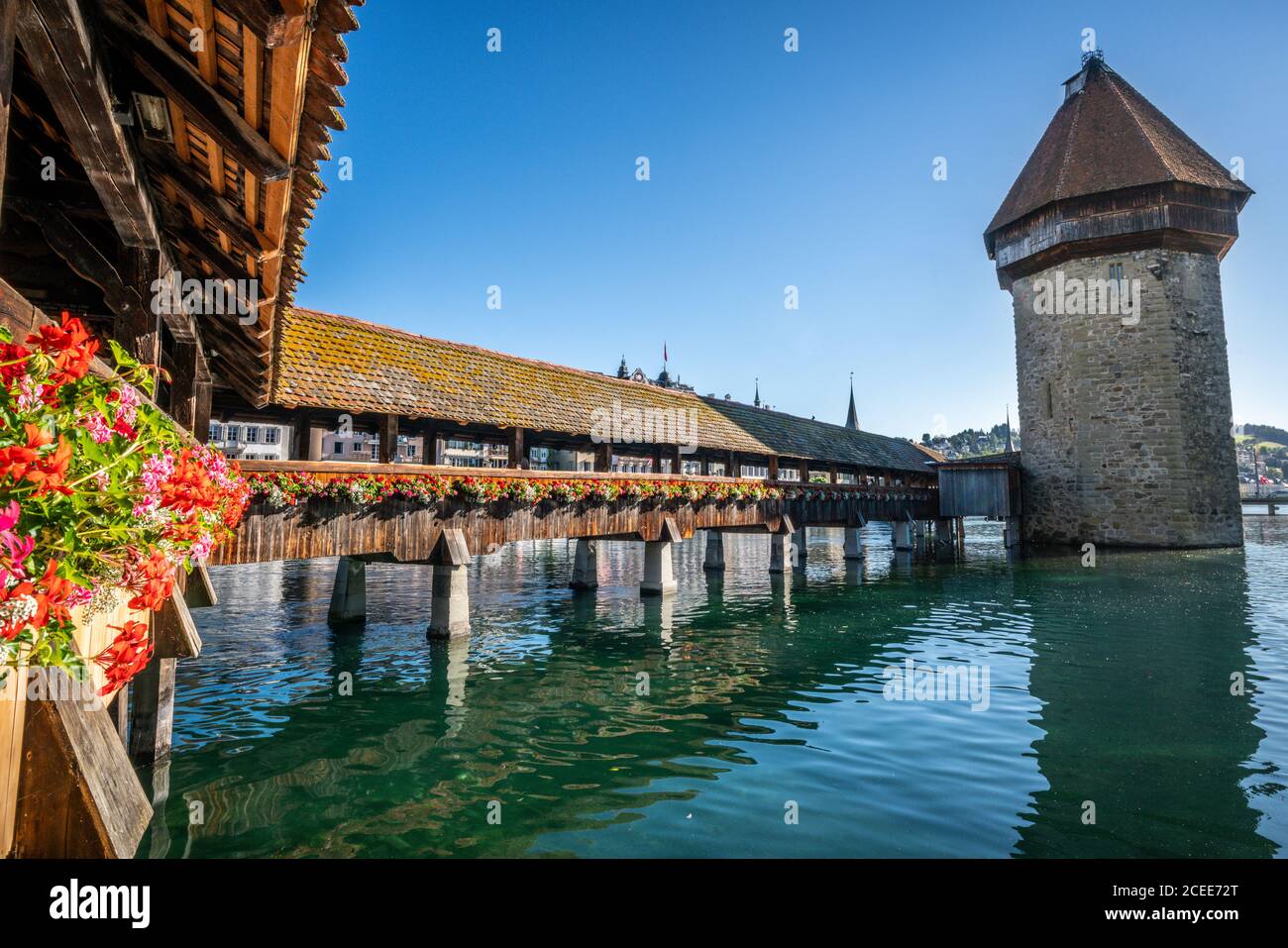Flowers along Chapel bridge with tower view and blue sky in Lucerne