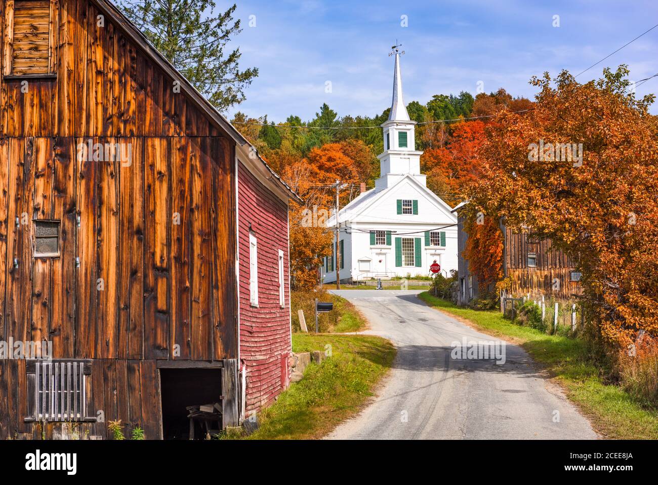 Waits River Village, Vermont, USA with autumn foliage. Stock Photo