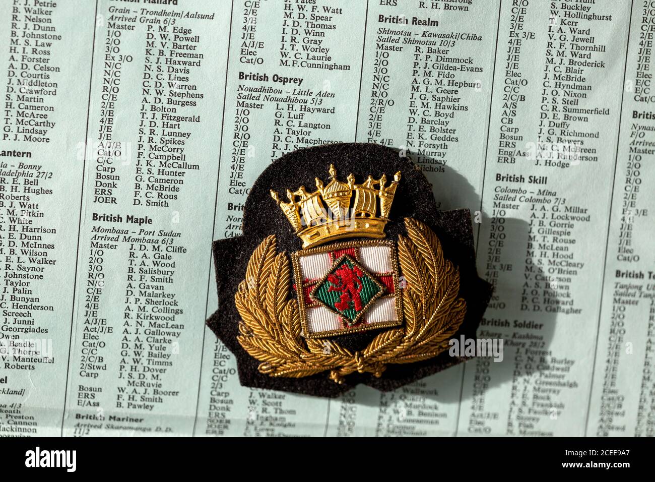 Oil Tanker fleet. BP ship's crew listings. (1970s). Officer's cap badge. Stock Photo