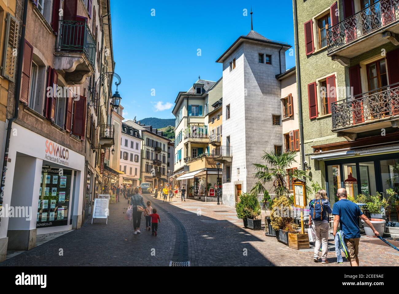 Sion Switzerland , 3 July 2020 : People in pedestrian Rhone shopping street view in Sion old town Valais Switzerland Stock Photo