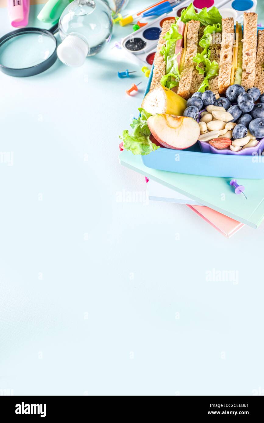 https://c8.alamy.com/comp/2CEEB61/healthy-children-school-lunch-box-sandwich-vegetables-fruit-and-mineral-water-bottle-with-school-supplies-on-on-light-blue-background-copy-space-2CEEB61.jpg