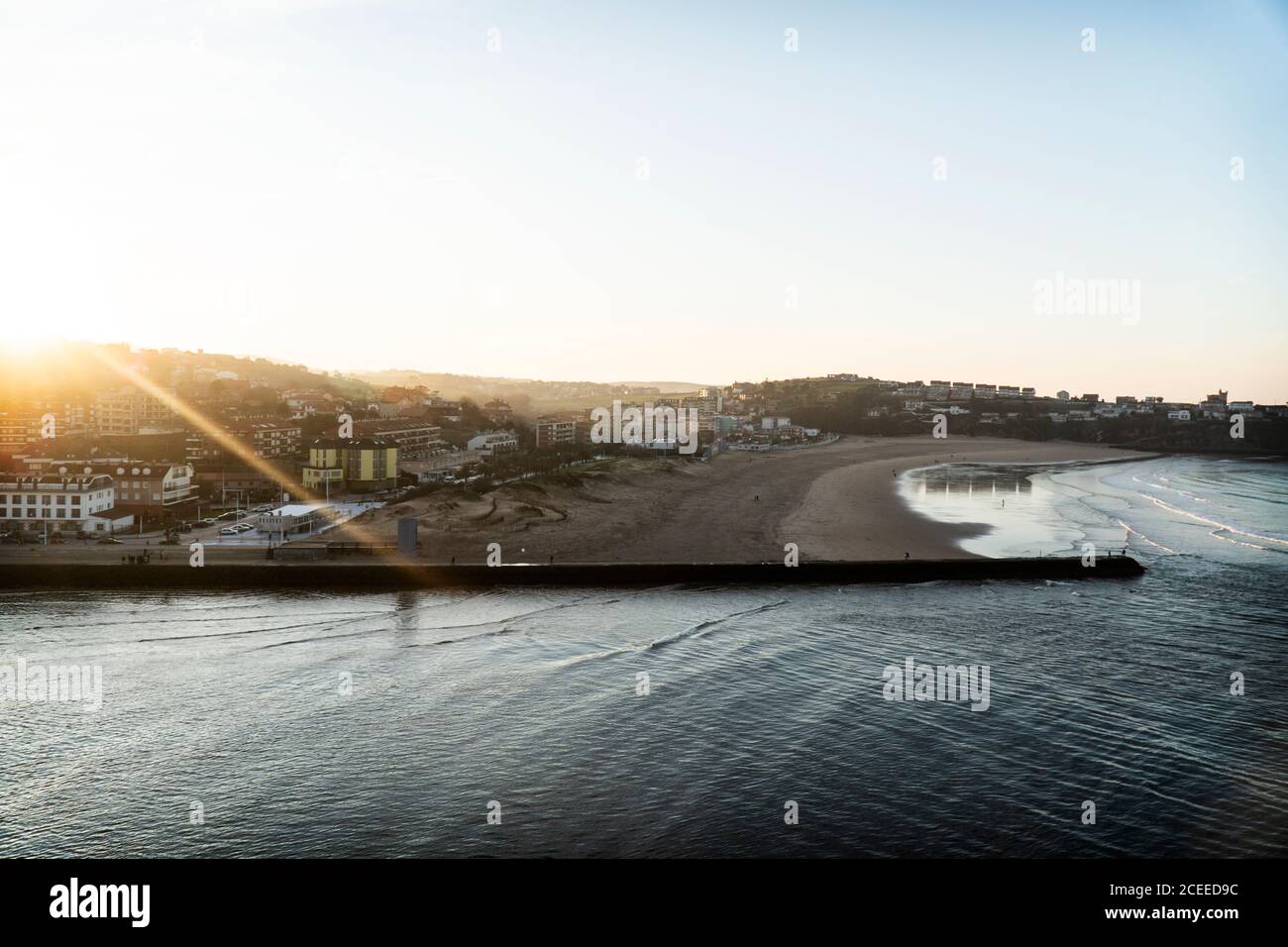Panoramic view of the river to the beach in Suances with a nice sunset, Spain Stock Photo
