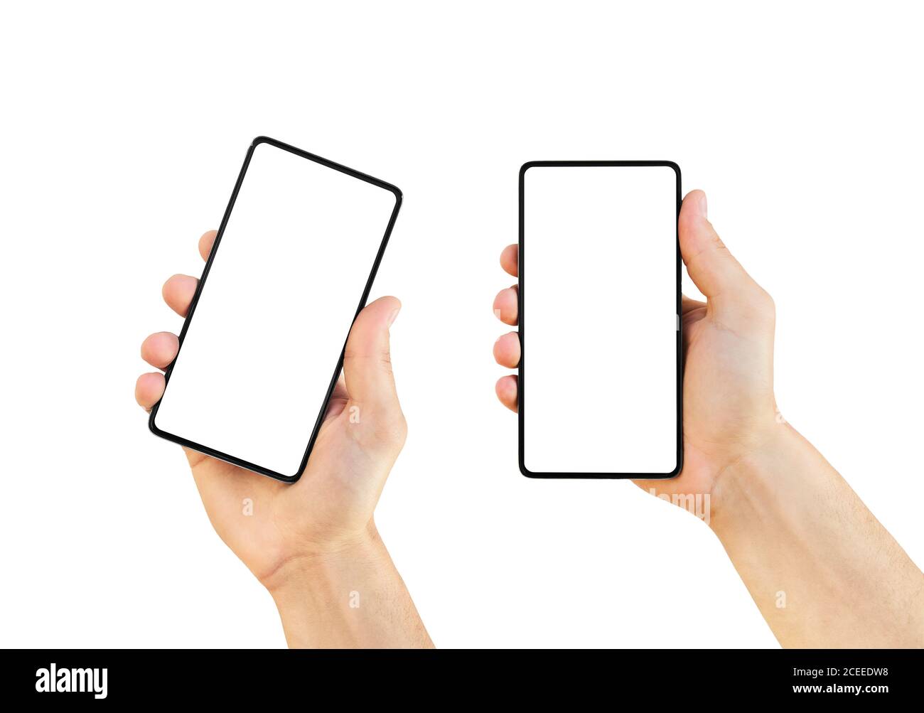 Set of man's hands holding modern smartphone isolated on white background. Close-up hand touching mobile smart phone. Stock Photo