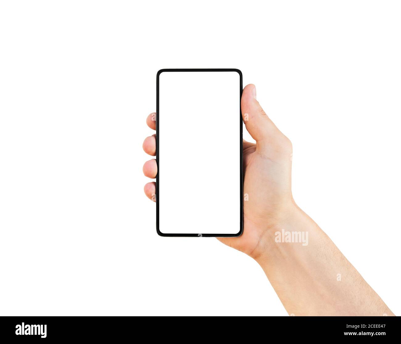 Man's hand holding black modern smartphone isolated on white background ...
