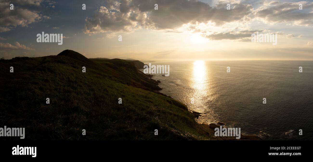 Panoramic view of the river to the beach in Suances with a nice sunset, Spain Stock Photo