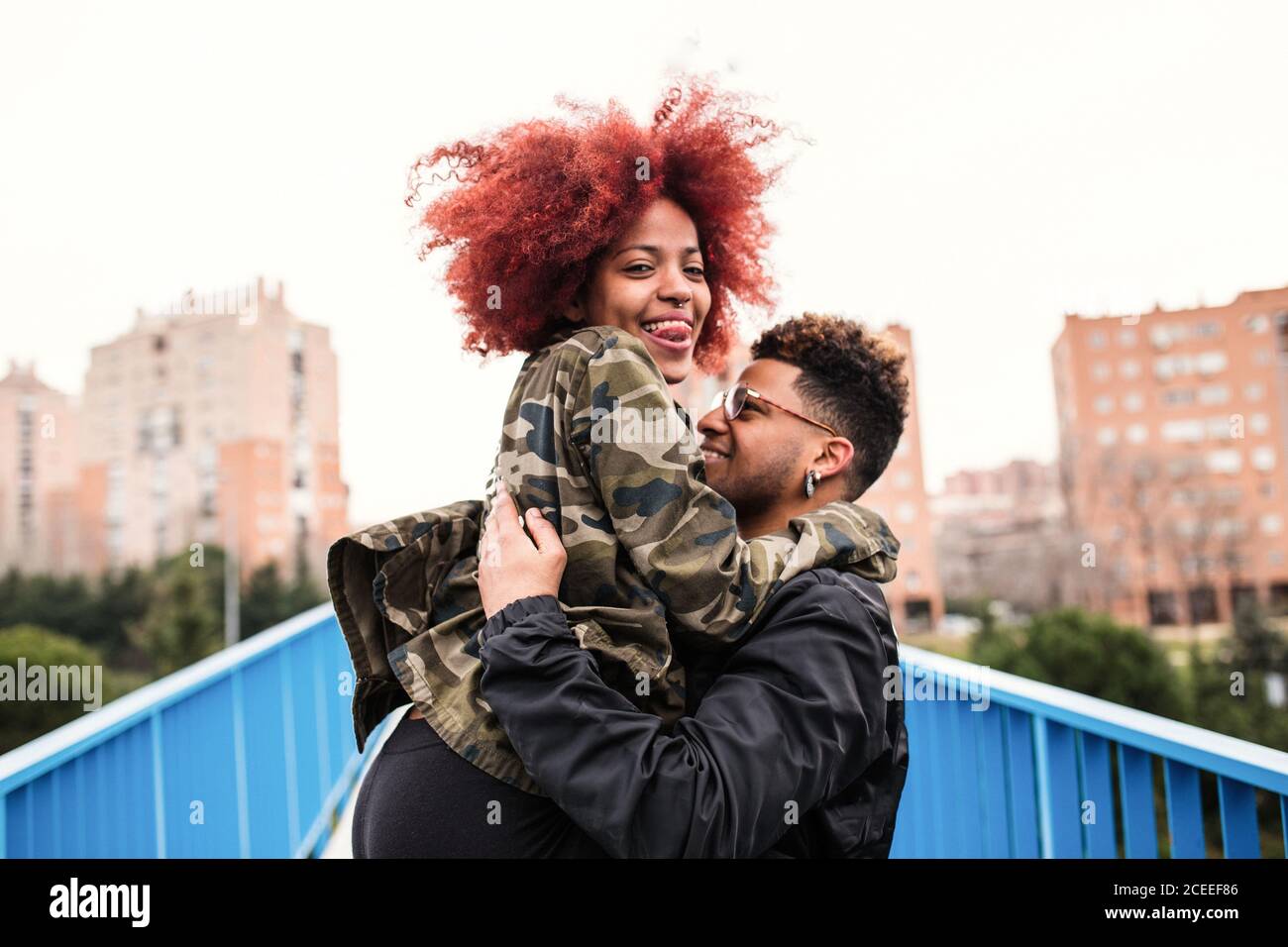young afro couple having fun on bridge Stock Photo