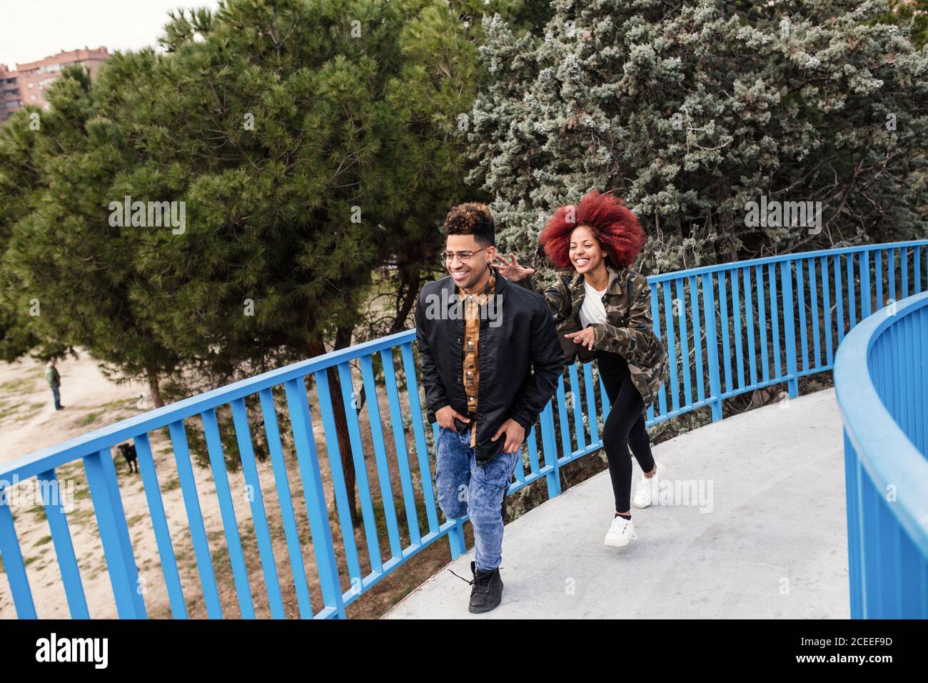 young afro couple having fun on bridge Stock Photo