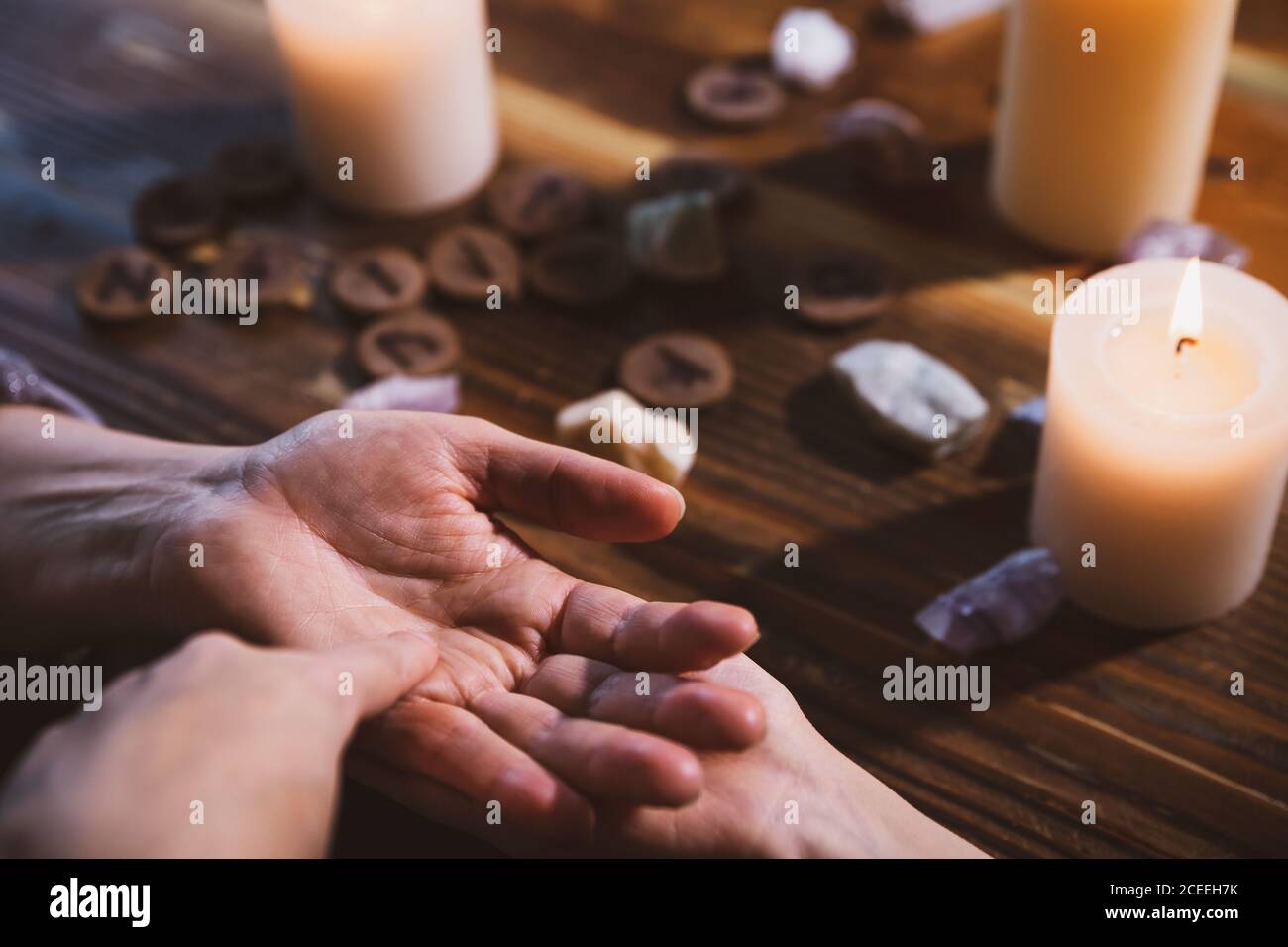 chiromancy and palm reading with a fortuneteller, oracle and horoscope, spirituality Stock Photo