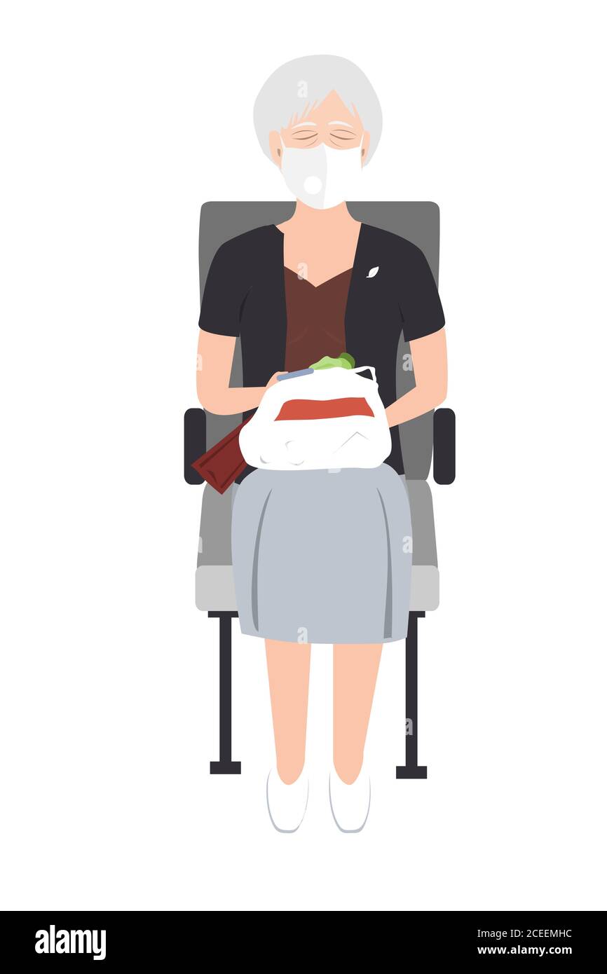Senior woman in medical mask sitting on the train chair and dreaming. Vector illustration on white background Stock Vector