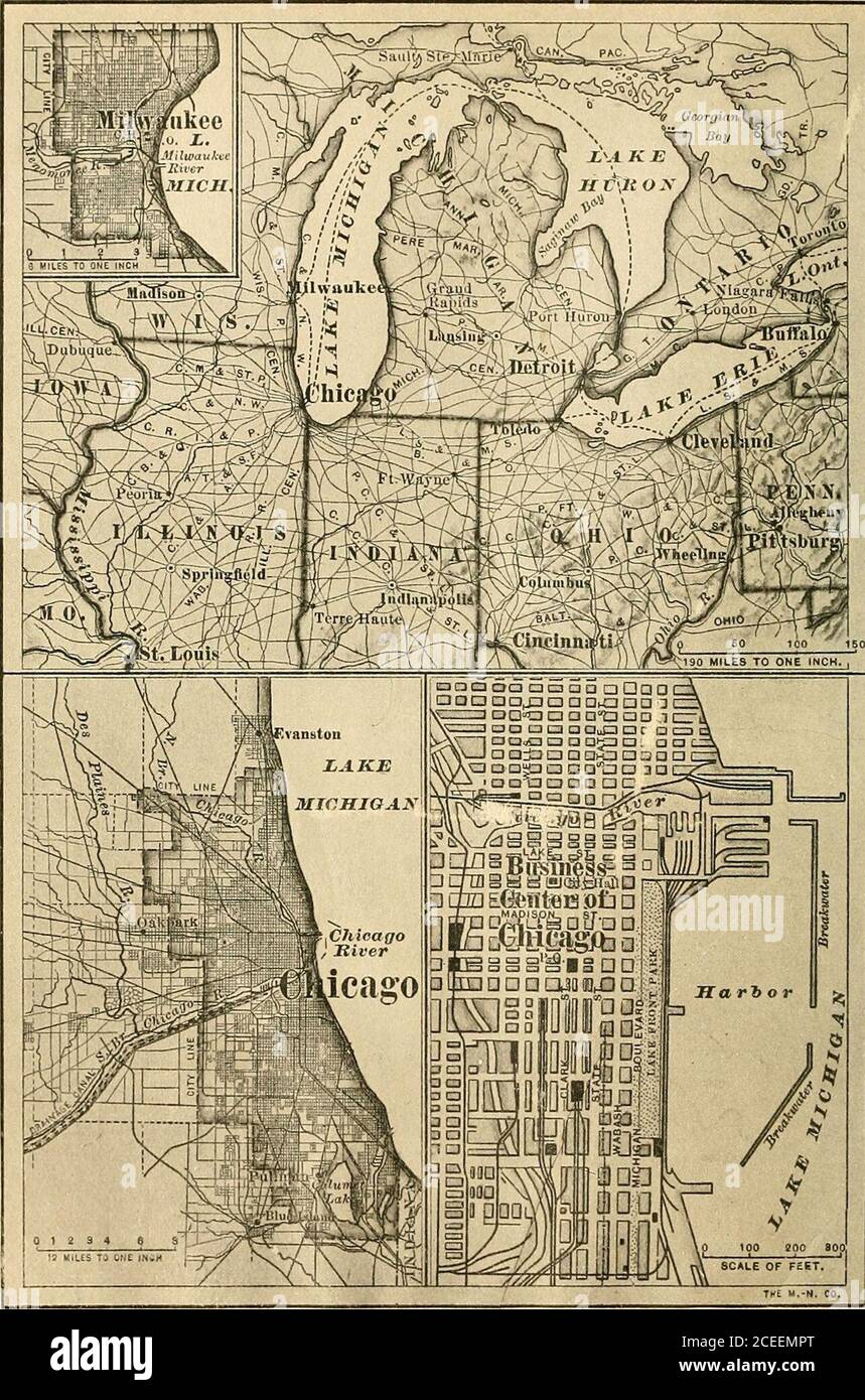 . A complete geography. ist 89° from Greenwich Ifinfl^lr^ ^f.l^ n *^«n«t^t««- Do you find any lakes south of that line?at influence must the Great Lakes have upon the summer climate of places nea • n^rrhan thTtastf r$fSt ?^ ^^ *^ ^°^^°^- ^^^ ^ ^^^^ andTarmSStSeXmeiVof !S Wet ^ ^^ ^^ ^^^^ *^^ ^^^^^ ^^^^^ --* ^--. Fk;. 117.Map shfiwinti the location of Cbica.uo and Milwaukee VIII CENTRAL STATES Physiography and Climate. — A hundred years ago, when a con-siderable number of pioneers pushed across the Appalachian Moun-tains into Ohio and Kentucky, they were gladdened by the sight ofimmense tracts Stock Photo