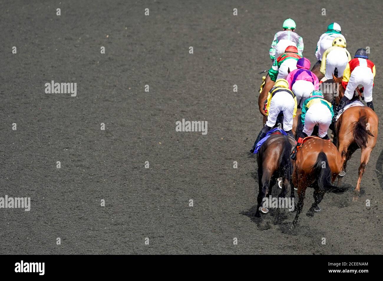 A general view as runner and riders turn towards the back straight in The Every Race Live On Racing TV Handicap at Kempton Park Racecourse. Stock Photo