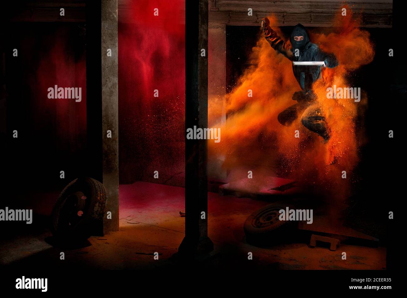 Ninja with swords jumping out of an Orange explosion of Powder ...
