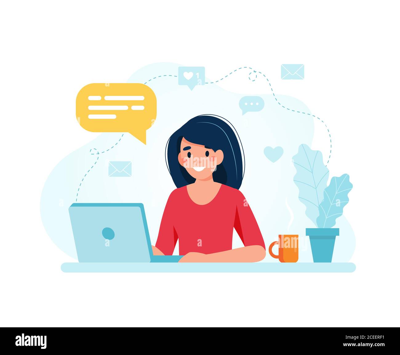 Online marketing specialist. Female character working with laptop. illustration in flat style Stock Photo