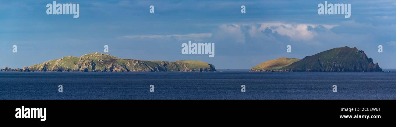 Panorama of Great Blasket Islands during sunrise on the west coast of County Kerry in the Republic of Ireland Stock Photo